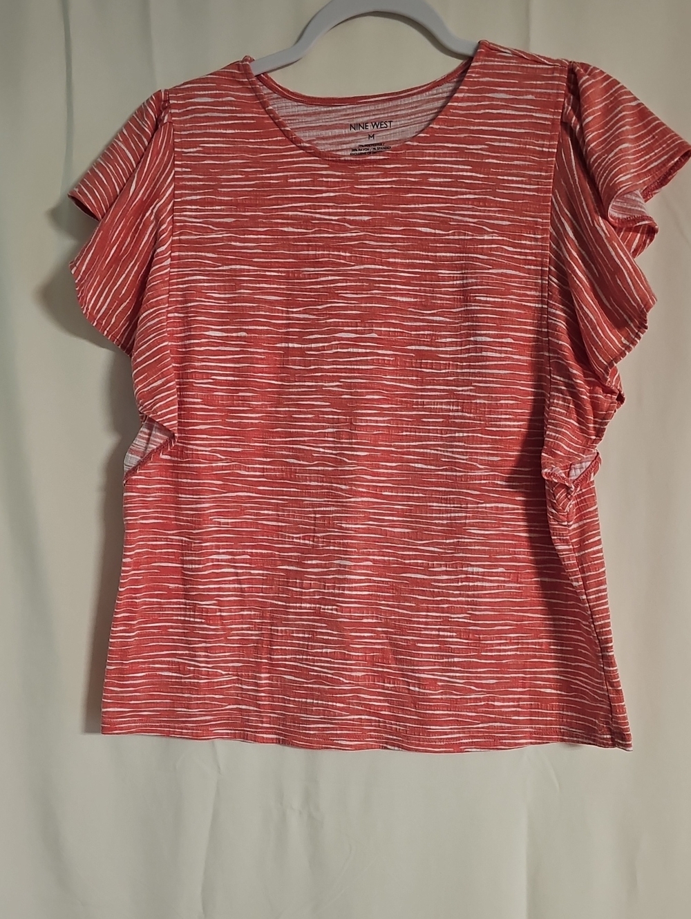 Nine West Coral and White Striped Ruffle Sleeve Tee